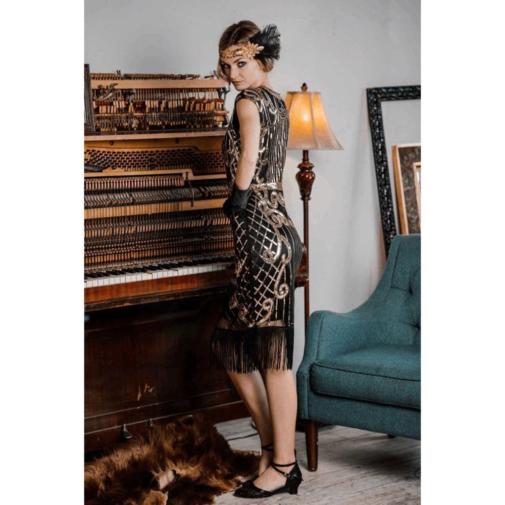 ✨ Flapper Great Gatsby Roaring 1920s Retro Tassel Fringe Sequin Dress SIZE L NEW - Picture 9 of 17